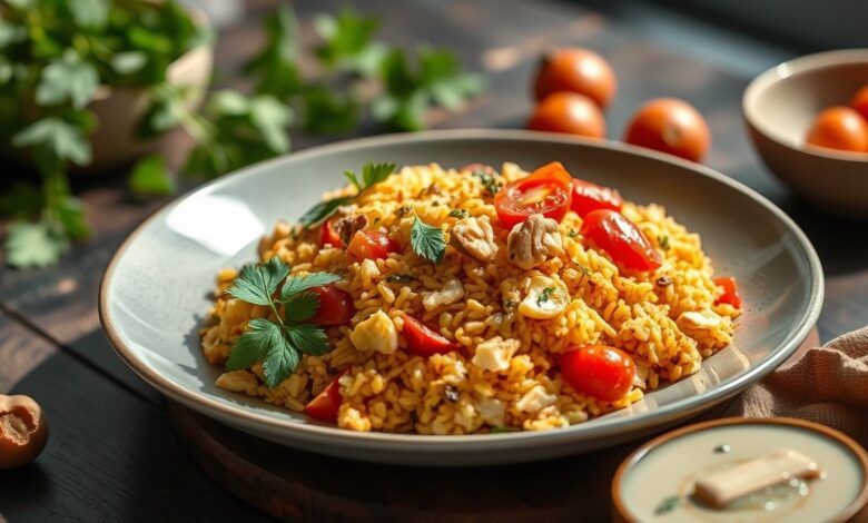Prato de arroz de curry servido em tigela rústica, com tomates cereja e nozes crocantes no topo, colorido e apetitoso