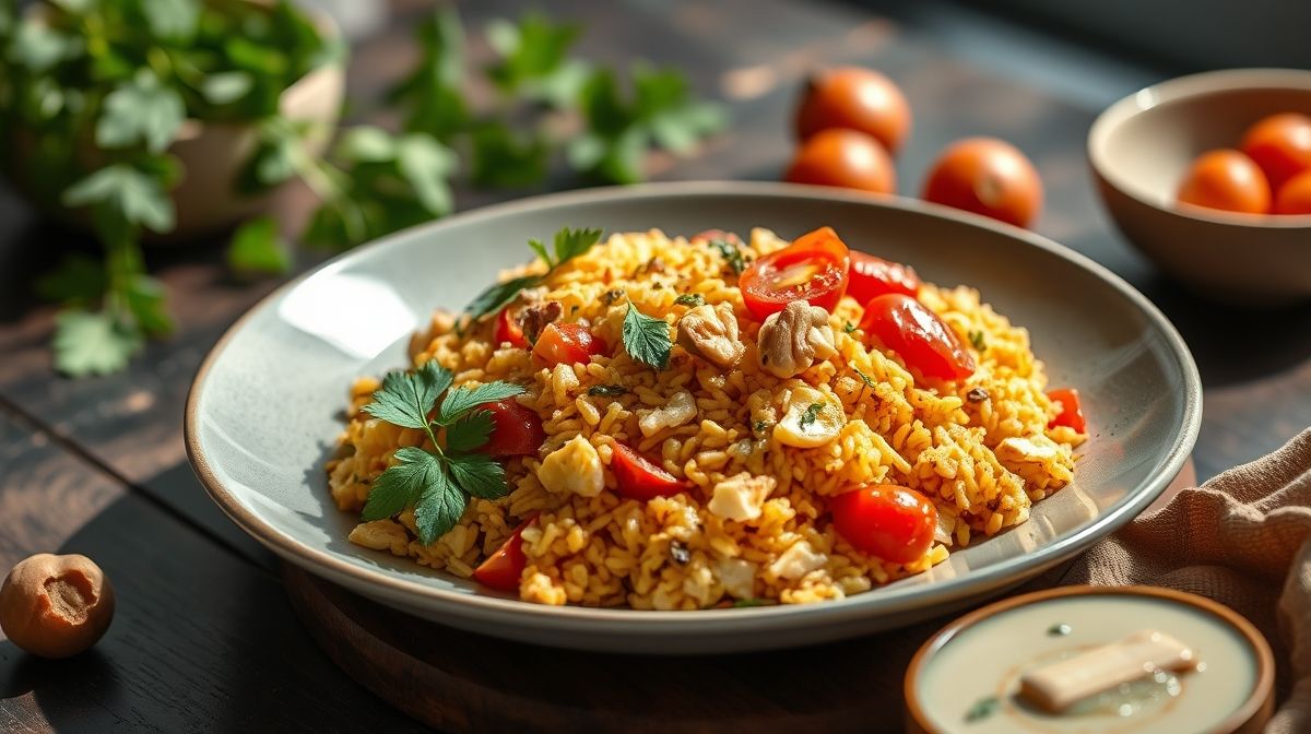 Prato de arroz de curry servido em tigela rústica, com tomates cereja e nozes crocantes no topo, colorido e apetitoso