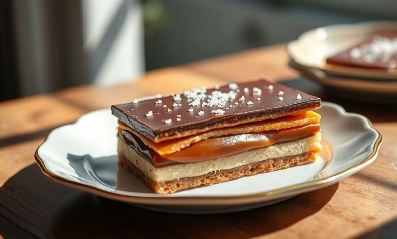 Sobremesa em camadas com biscoito amanteigado, caramelo cremoso, chocolate brilhante e flor de sal servida em pedaços quadrados