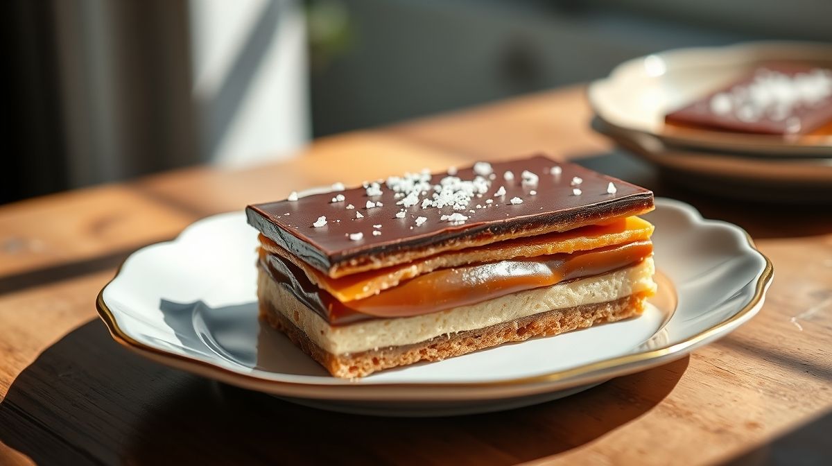 Biscoito crocante com caramelo e chocolate finalizado com flor de sal, sobremesa sofisticada e caseira pronta para servir
