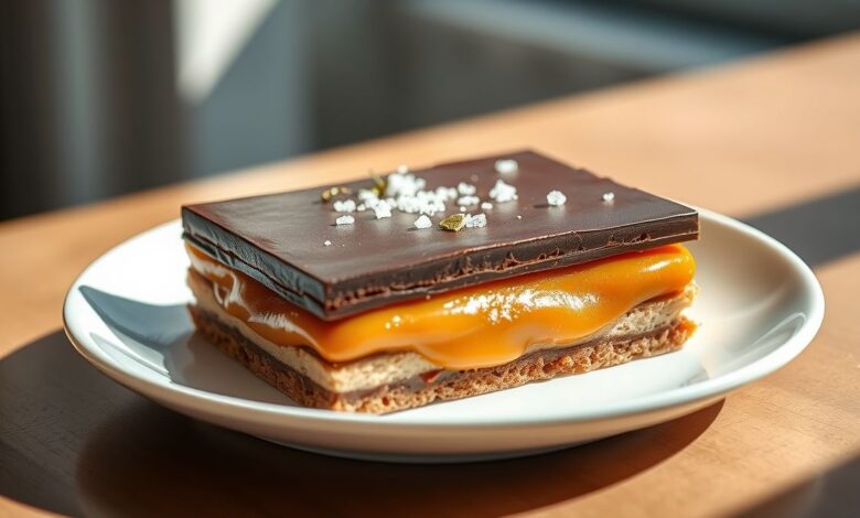 Pedaços de biscoito em três camadas, base amanteigada, caramelo macio e cobertura de chocolate com flor de sal, dispostos em prato elegante
