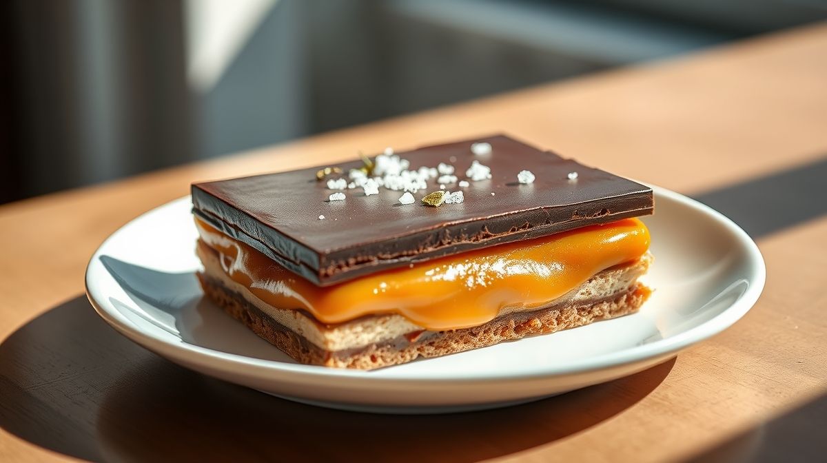 Biscoito crocante de chocolate com caramelo em camadas, doce gourmet com flor de sal finalizado e pronto para servir