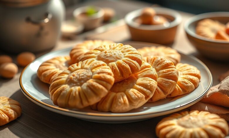 Biscoitos de fécula de batata dourados e crocantes em prato rústico, prontos para servir no café da tarde.