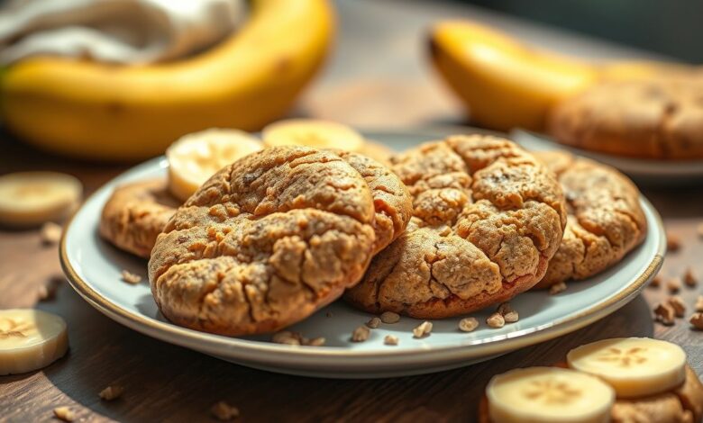 Biscoitos dourados e saudáveis de banana e quinoa, dispostos em prato branco com estilo rústico e apetitoso