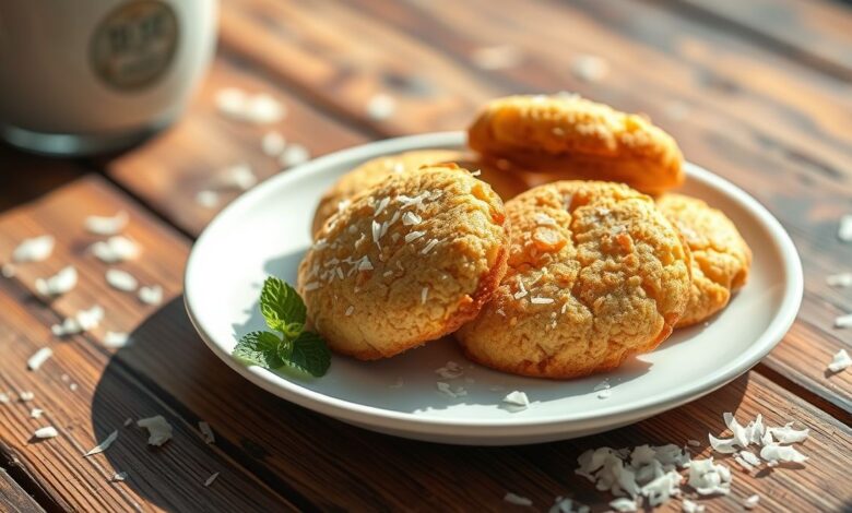 Biscoitos de coco dourados e crocantes dispostos em prato elegante, prontos para servir