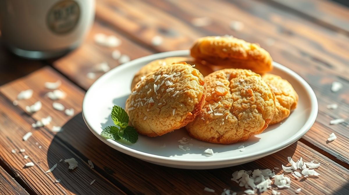 Biscoitos de coco dourados e crocantes dispostos em prato elegante, prontos para servir