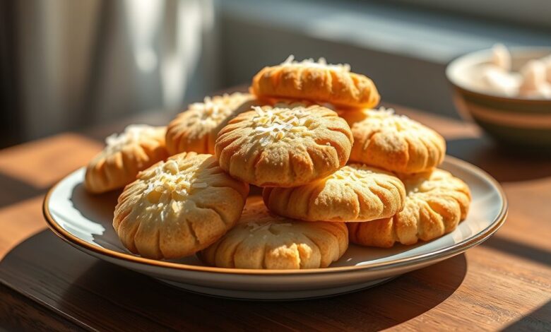 Biscoitos fit de coco dourados, crocantes e apetitosos servidos em prato decorado