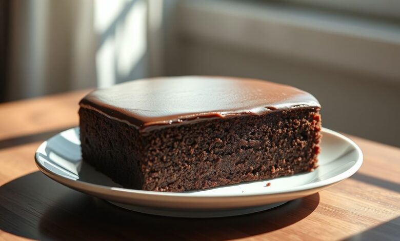 Bolinho de cacau low carb sem açúcar finalizado, fofinho, coberto com calda brilhante e servido em prato elegante