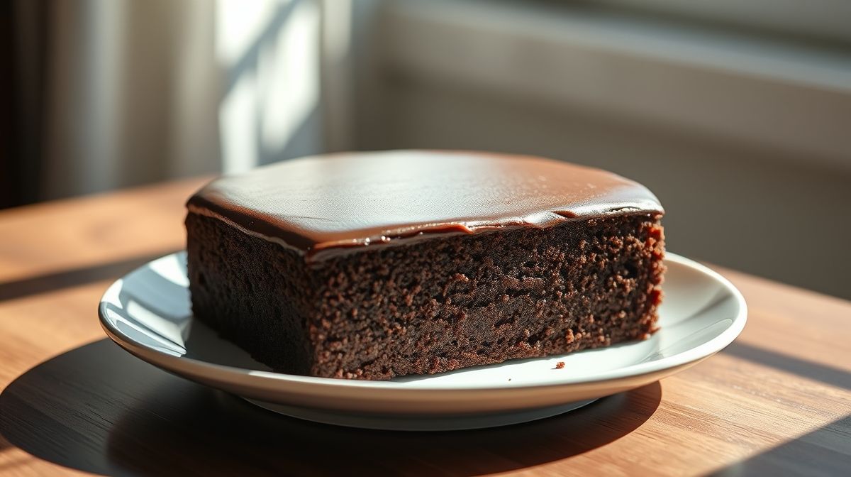 Bolinho de cacau low carb sem açúcar finalizado, fofinho, coberto com calda brilhante e servido em prato elegante