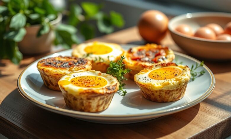 Bolinhos de ovo fit assados, dourados e servidos em prato elegante, leves e apetitosos