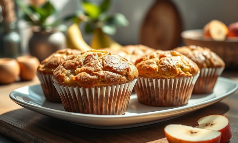 Bolinhos dourados e fofinhos de banana com maçã, servidos em prato branco, com aparência caseira e saudável.