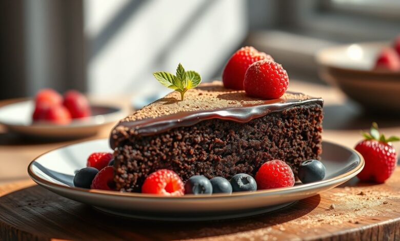 Bolinho fit de chocolate fofinho servido em prato branco, com cacau polvilhado por cima