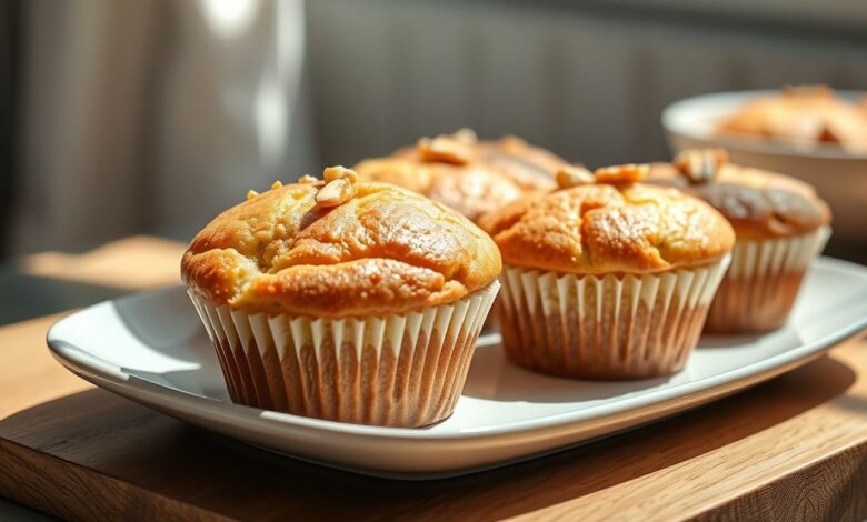Bolinhos de iogurte sem açúcar já assados, dourados e macios, servidos em forminhas, prontos para consumo.