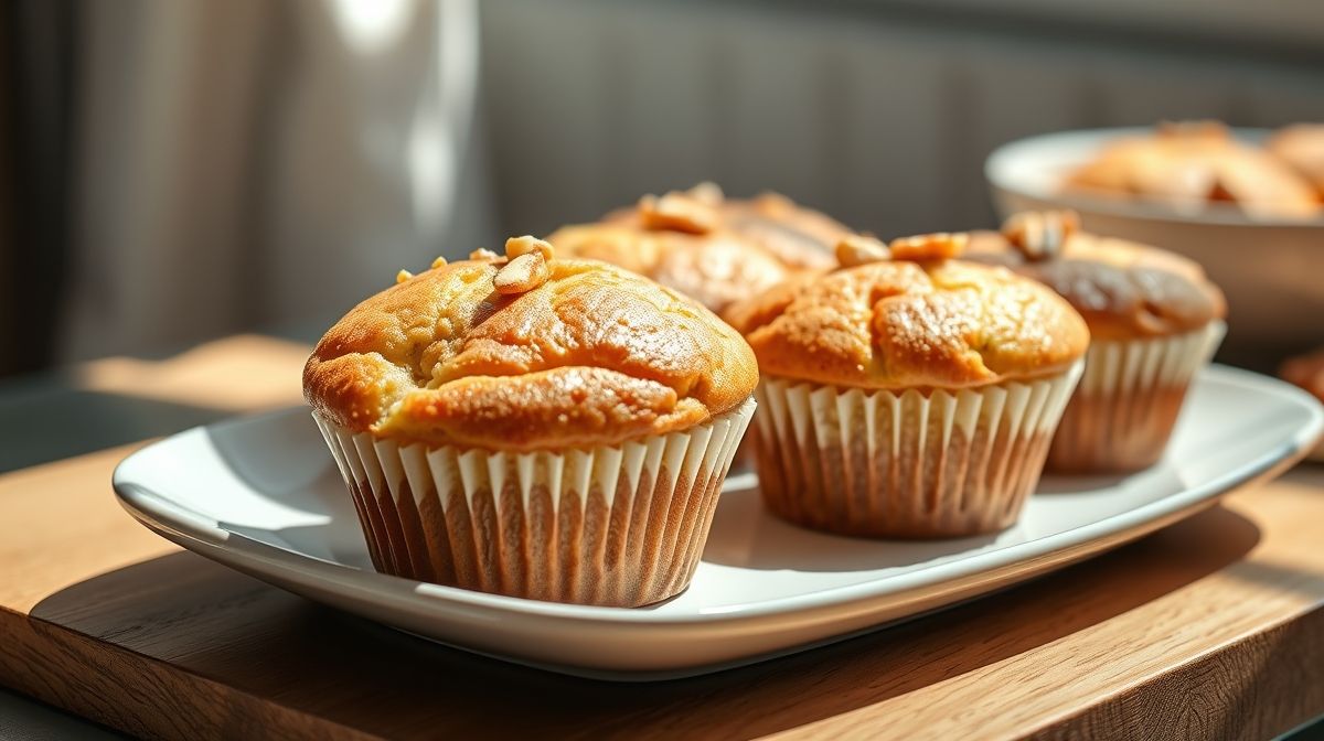 Bolinhos de iogurte sem açúcar já assados, dourados e macios, servidos em forminhas, prontos para consumo.
