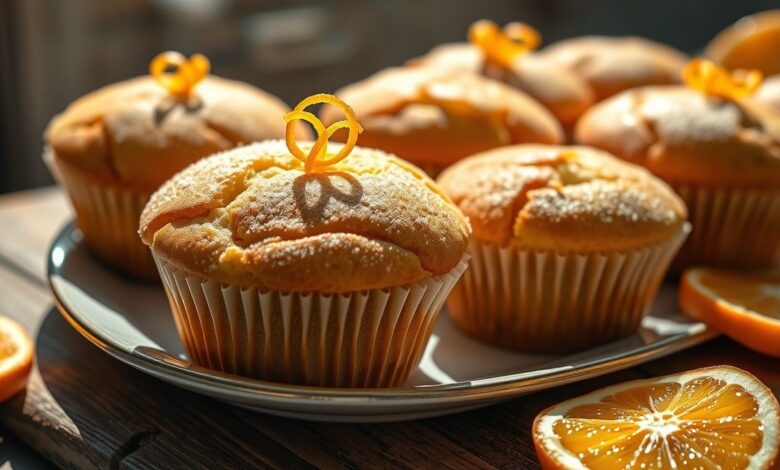 Bolinhos de laranja sem açúcar dourados, fofinhos e aromáticos, servidos de maneira apetitosa para o lanche.