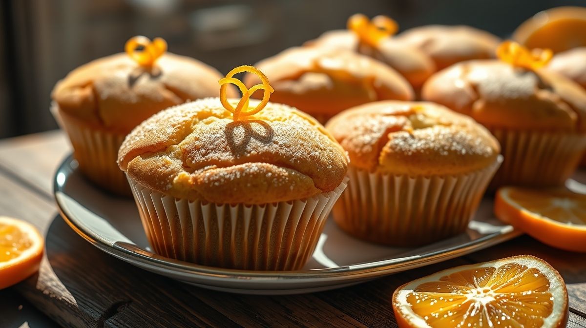 Bolinhos de laranja sem açúcar dourados, fofinhos e aromáticos, servidos de maneira apetitosa para o lanche.