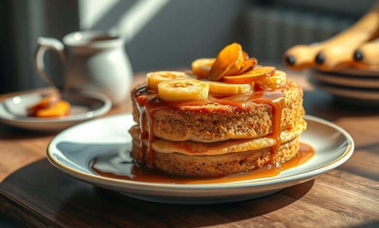 Bolo de banana caramelizada dourado e brilhante, servido em prato bonito e pronto para degustar.