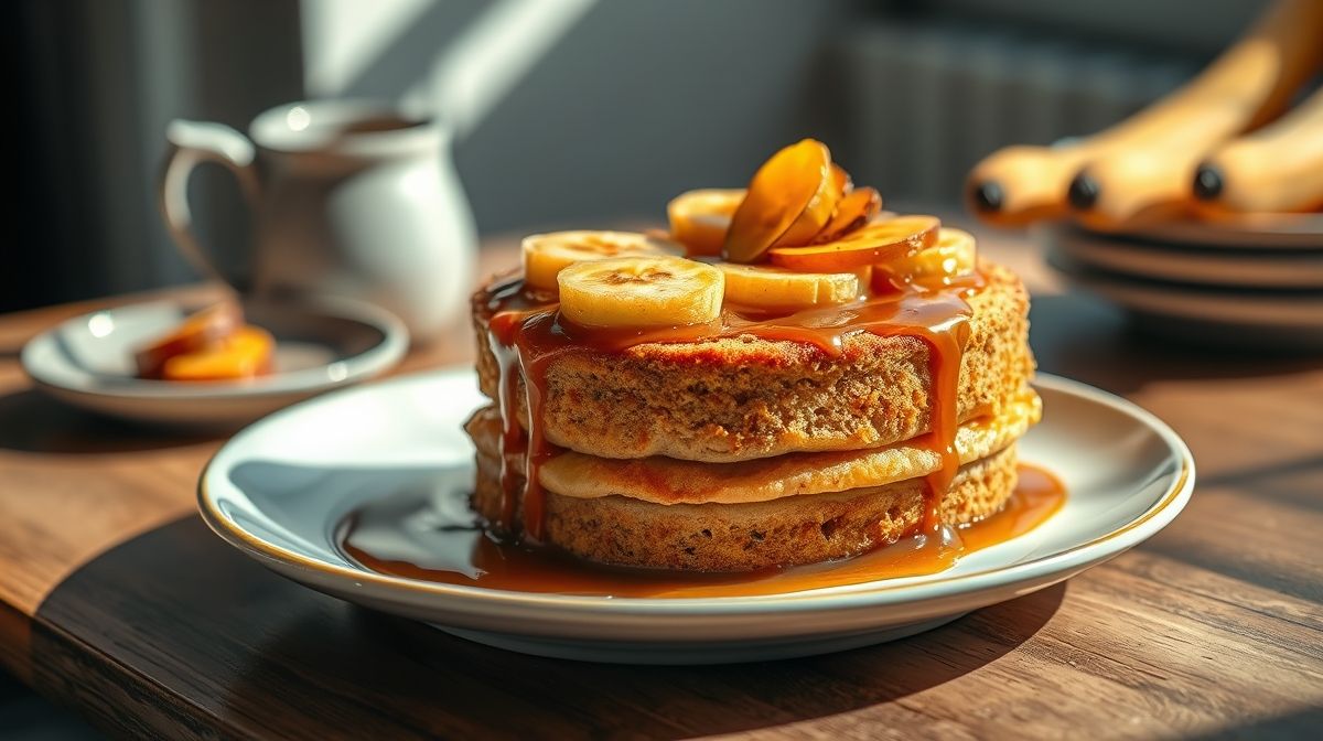 Bolo de banana caramelizada pronto, dourado e fofinho, com bananas e caramelo derretido por cima.