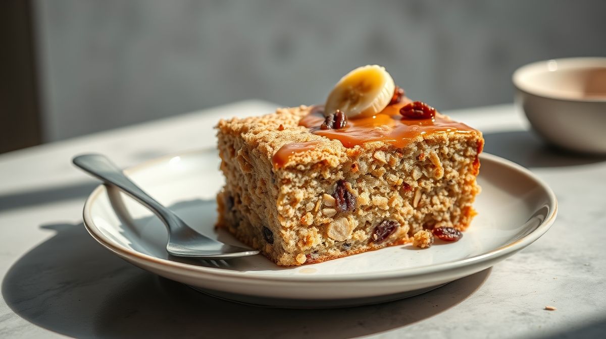 Bolo de banana com aveia e uvas passas sem açúcar servido em fatias, úmido e dourado, perfeito para lanche saudável