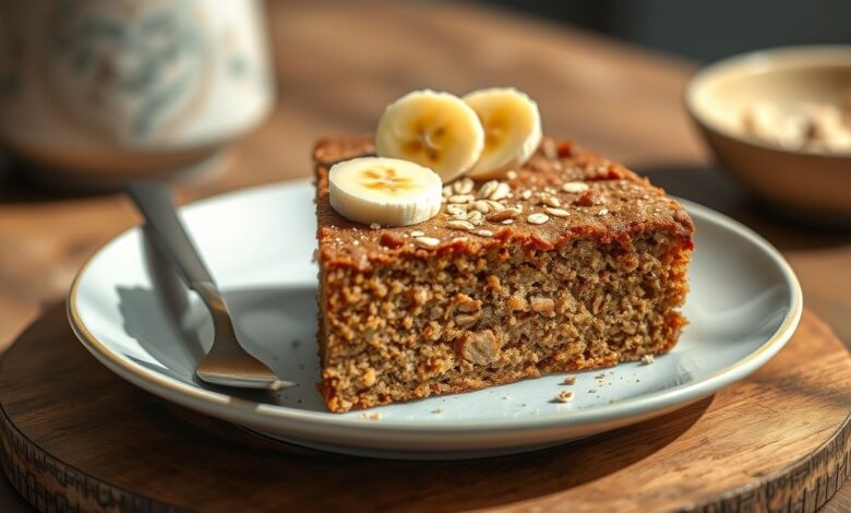 Um bolo fofo de banana e aveia sem açúcar e sem glúten decorado com nozes e pincelado com geleia de damasco