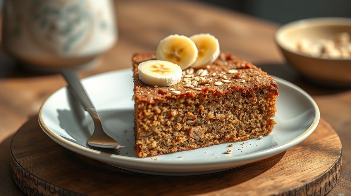 Um bolo fofo de banana e aveia sem açúcar e sem glúten decorado com nozes e pincelado com geleia de damasco