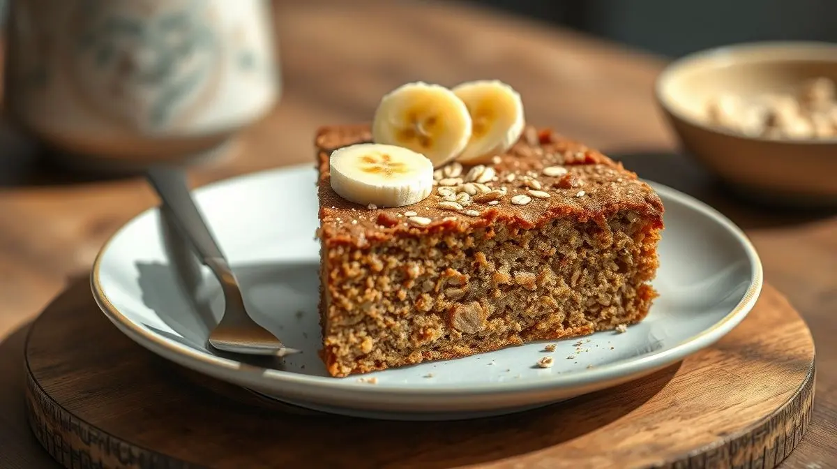 Um bolo fofo de banana e aveia sem açúcar e sem glúten decorado com nozes e pincelado com geleia de damasco