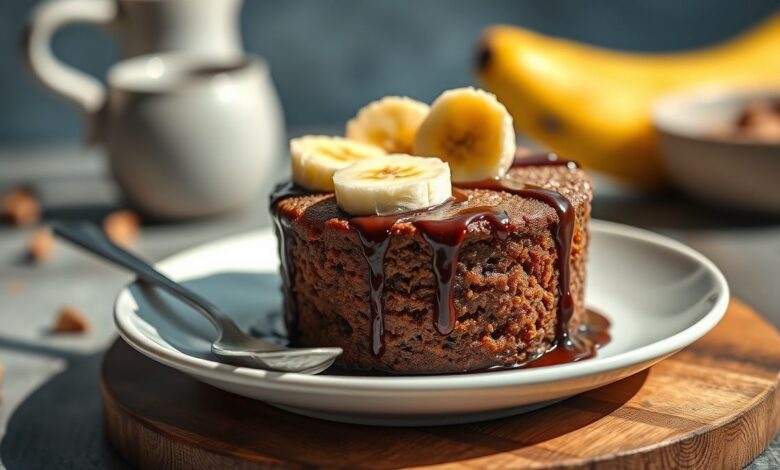 Bolo de banana e chocolate de caneca sem açúcar servido em uma caneca branca, fofinho e apetitoso