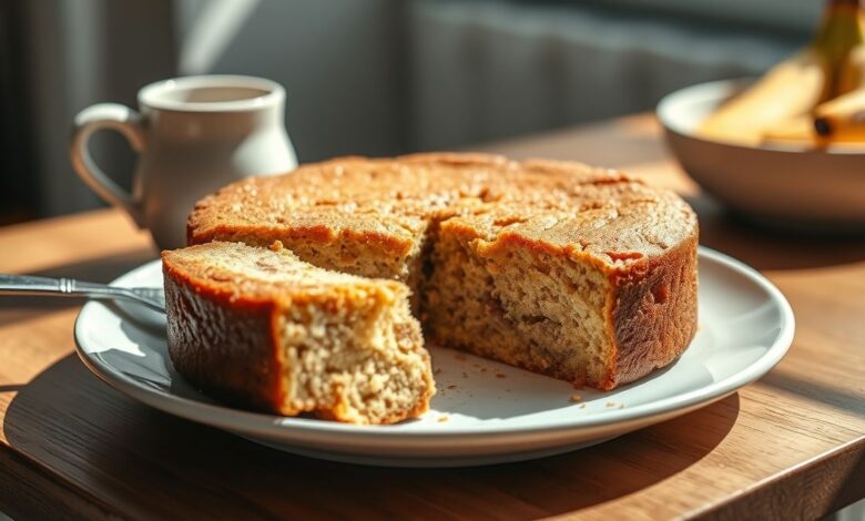 Bolo saudável de banana sem farinha e sem açúcar, bem assado e servido em fatias fofinhas e úmidas.