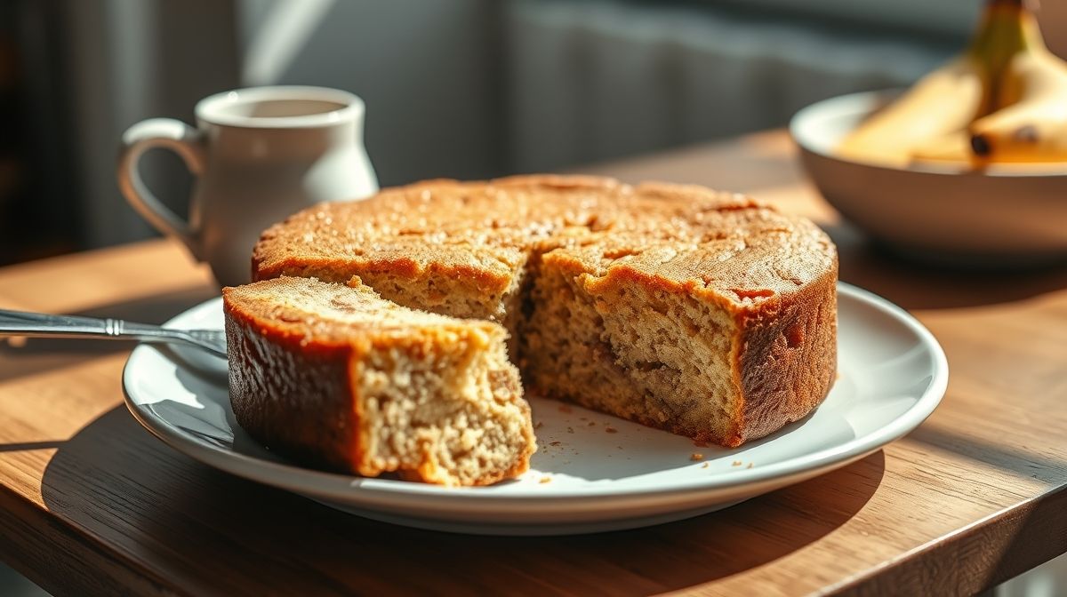 Bolo saudável de banana sem farinha e sem açúcar, bem assado e servido em fatias fofinhas e úmidas.
