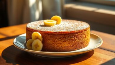 Bolo de banana saudável, macio e dourado, servido em fatias em um prato elegante.