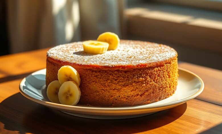 Bolo de banana saudável, macio e dourado, servido em fatias em um prato elegante.