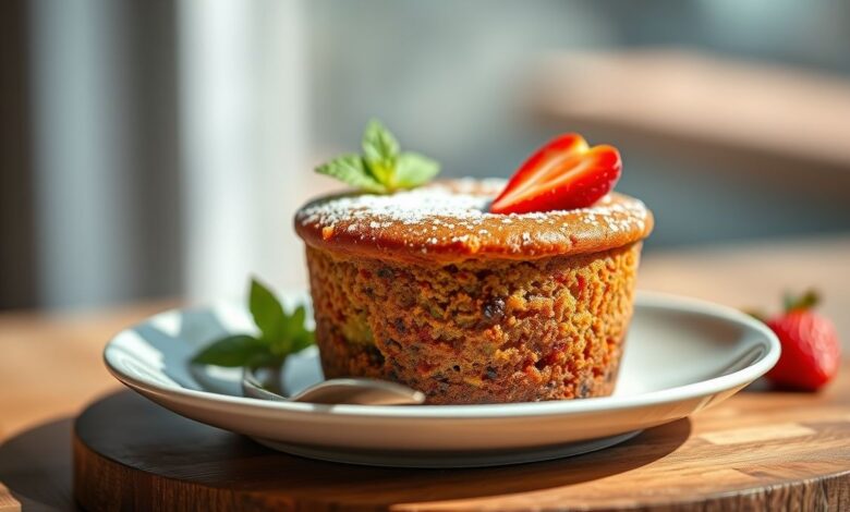 Bolo de caneca saudável sem açúcar pronto, fofo e apetitoso servido na própria caneca