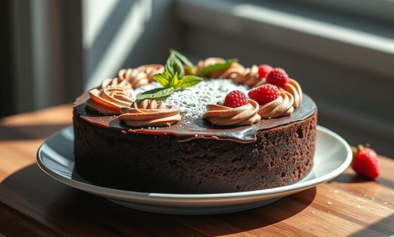 Um bolo de chocolate vegano sem glúten e sem açúcar, fofo, úmido e com cobertura cremosa, servido em prato elegante