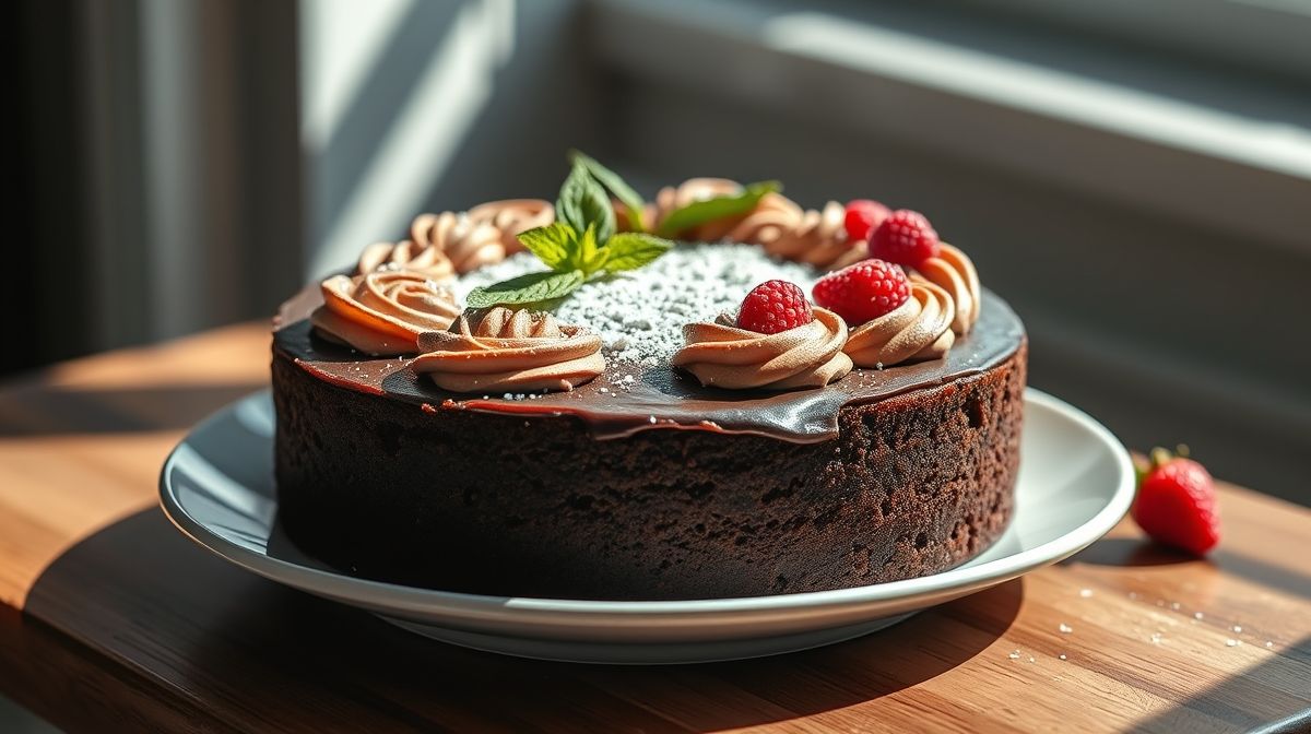 Bolo de chocolate vegano sem glúten e sem açúcar pronto, fofinho e úmido, servido em fatia apetitosa