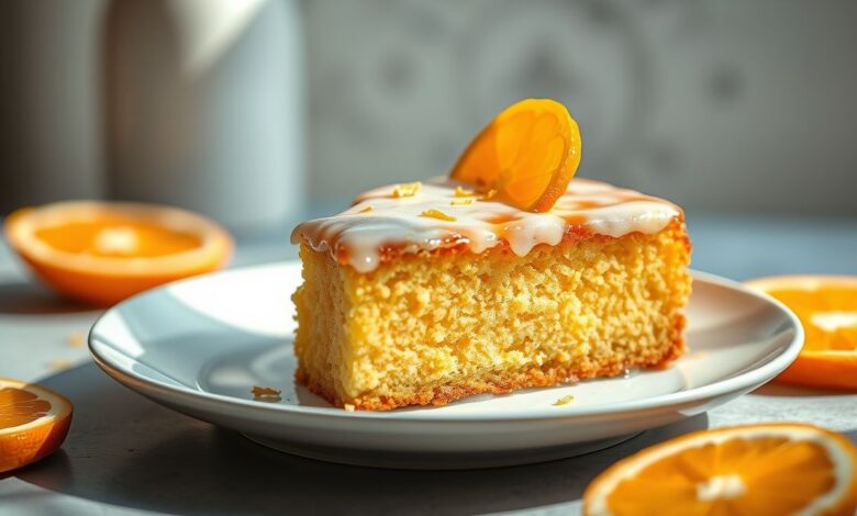 Bolo de laranja sem glúten, dourado e úmido, servido em uma travessa elegante, perfeito para café da tarde saudável