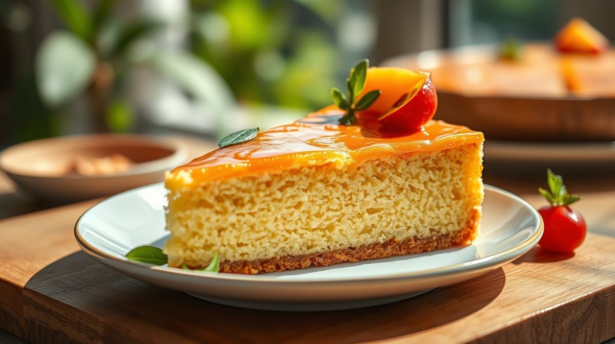 Bolo de mandioca de liquidificador sem trigo pronto, dourado e úmido servido em fatias em prato de sobremesa