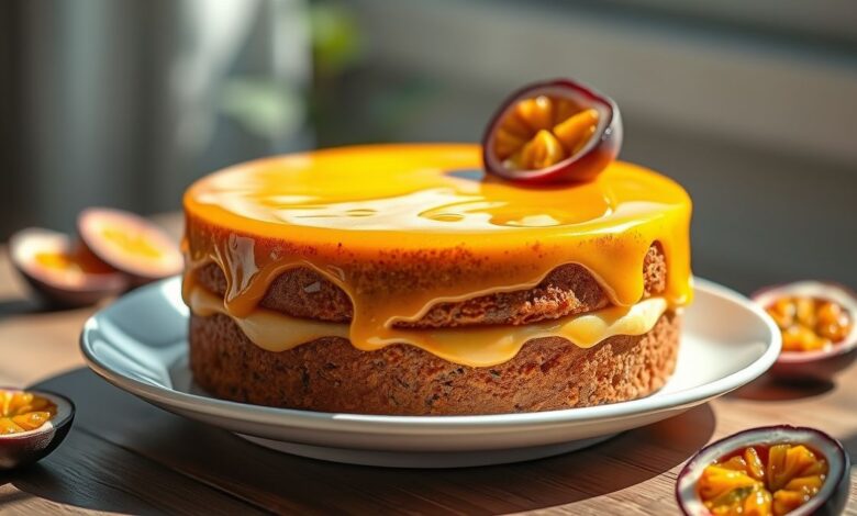 Bolo de maracujá macio e dourado, coberto com calda brilhante de maracujá, servido em fatias convidativas