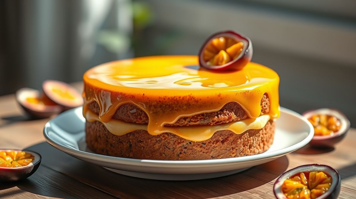 Bolo de maracujá sem glúten, sem lactose e sem açúcar fofinho decorado com calda de maracujá