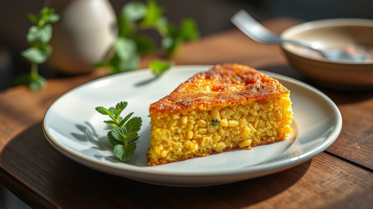 Bolo de milho fit fofinho e dourado, servido em prato elegante, realçando sua textura úmida e saudável.