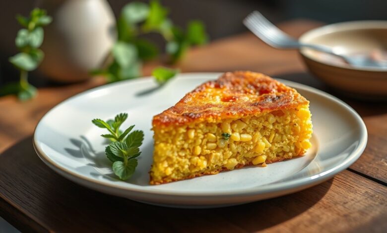Bolo de milho fit dourado e macio, fatiado em um prato, com ar caseiro e apetitoso.