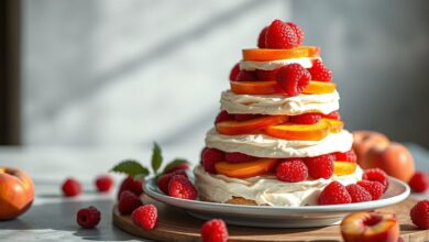Bolo dourado e macio com camadas de pêssego e framboesa servido em prato elegante