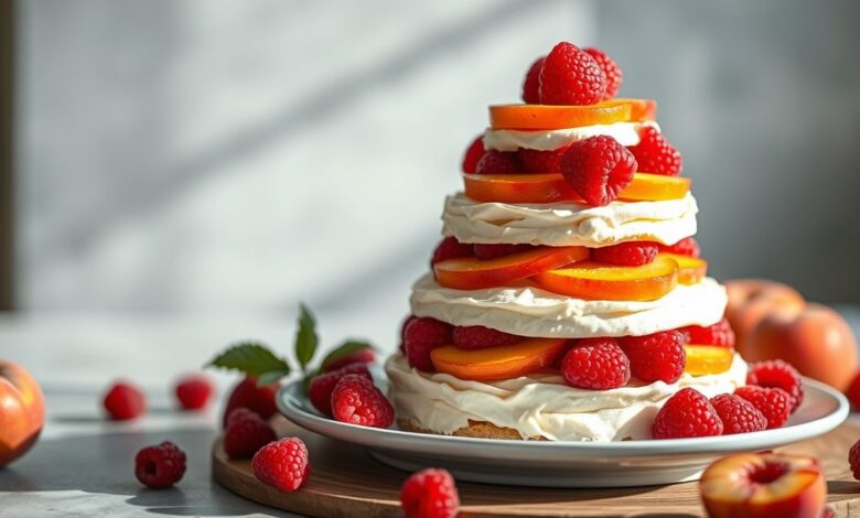 Bolo dourado e macio com camadas de pêssego e framboesa servido em prato elegante