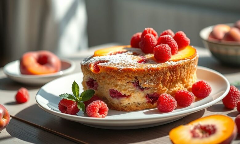 Bolo de pêssego e framboesa fit decorado com frutas frescas, servido em fatias úmidas e coloridas