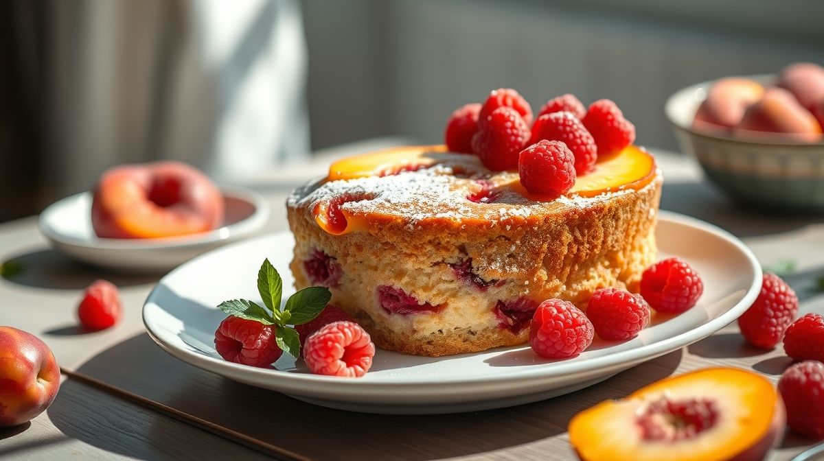 Bolo de pêssego e framboesa fit sem gordura pronto, decorado com frutas frescas e aparência úmida e saudável