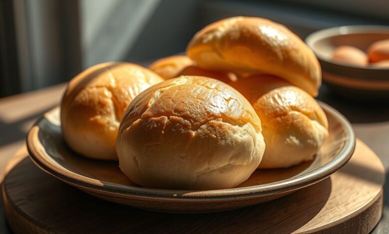 Broinhas de trigo fofas, douradas e macias, servidas em prato rústico, prontas para acompanhar café fresco.