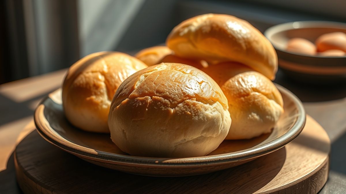 Broinha de trigo fofa dourada e macia servida em prato rústico, perfeita para café ou lanche
