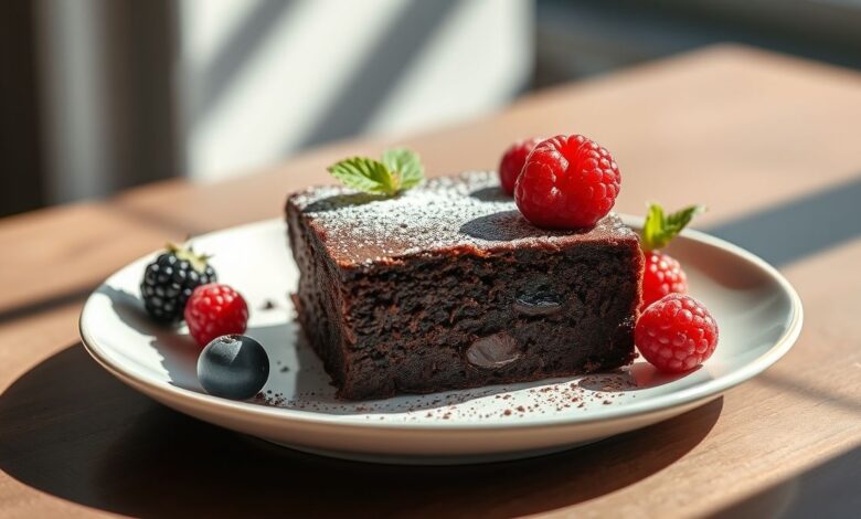Fatias quadradas de brownie de chocolate sem açúcar, úmidas e decoradas com nozes e raspas de chocolate em prato elegante