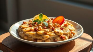 Canjica fit de paçoca cremosa servida em tigela rústica, polvilhada com canela e pedaços de paçoca por cima.