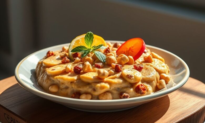 Canjica fit de paçoca cremosa servida em tigela rústica, polvilhada com canela e pedaços de paçoca por cima.