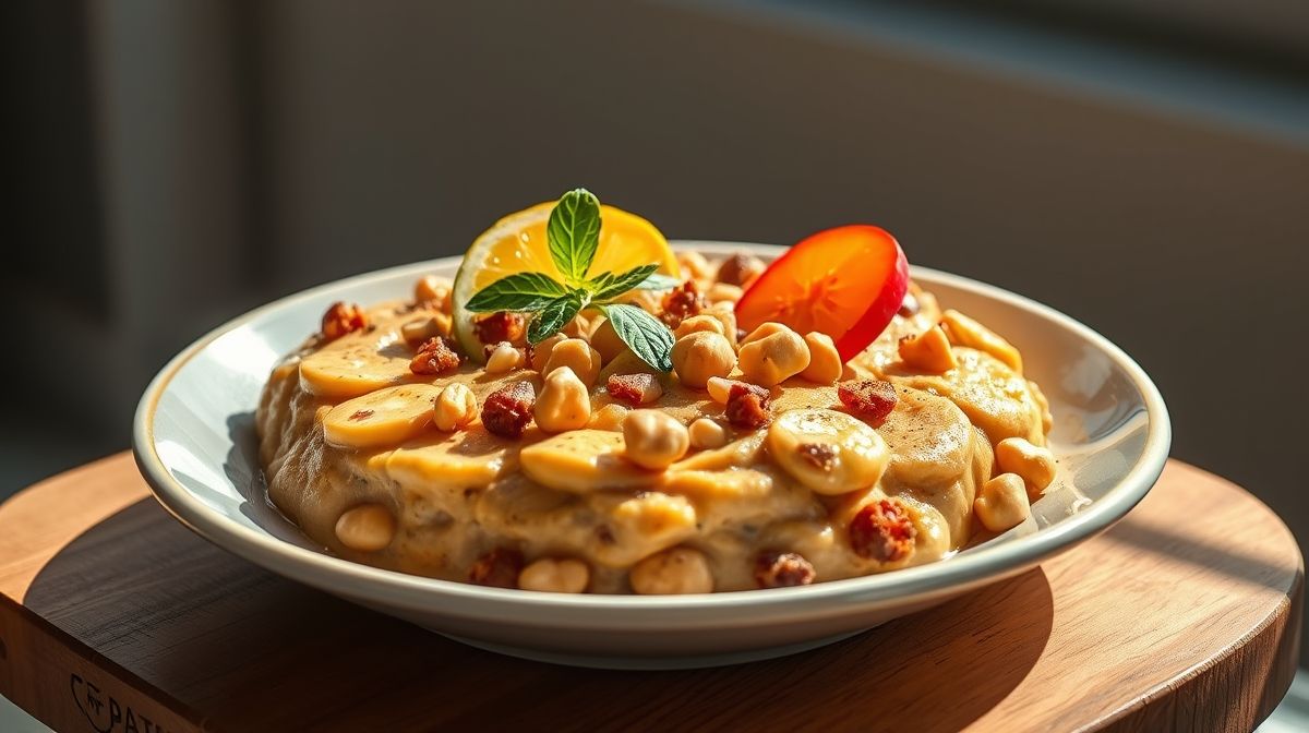 Canjica fit de paçoca cremosa em tigela com canela polvilhada, sobremesa saudável típica de festa junina